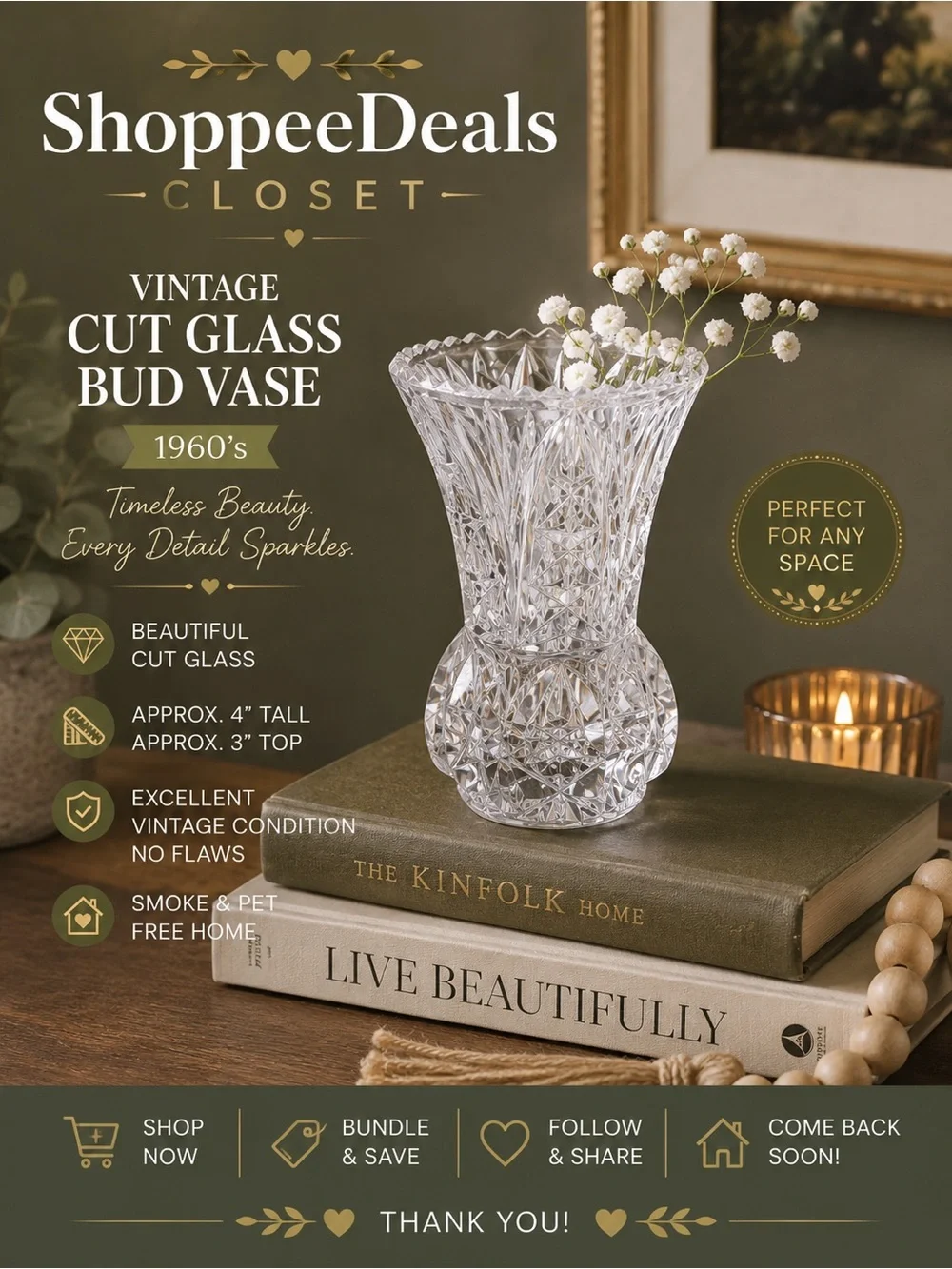 Vintage 1960s Cut Glass Crystal Bud Vase – Starburst Floral Pattern – 4” Petite